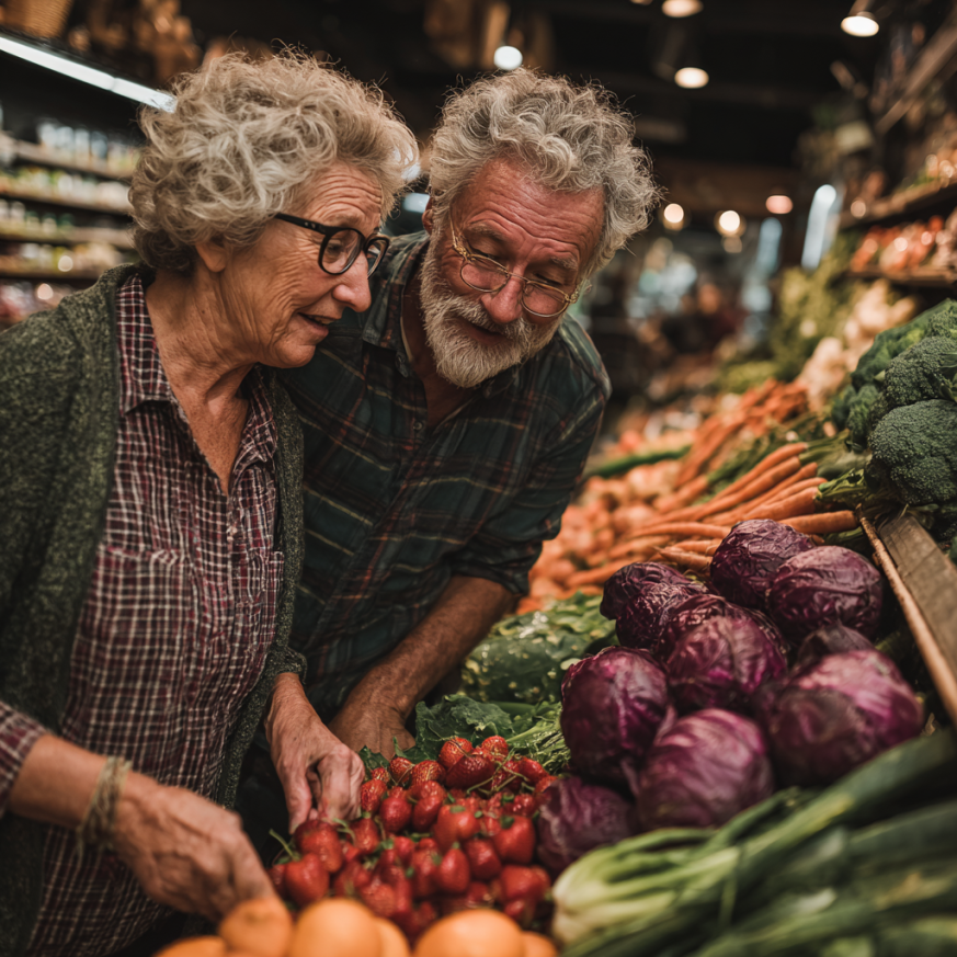 Щаслива пара літнього віку готує здорову їжу